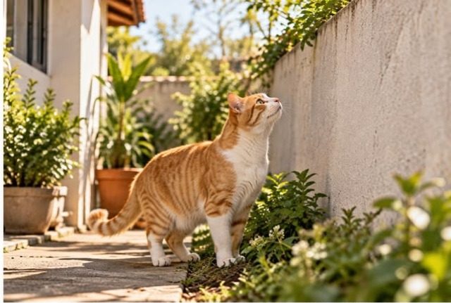 O mesmo gato laranja olhando para cima, curioso, junto ao muro do quintal