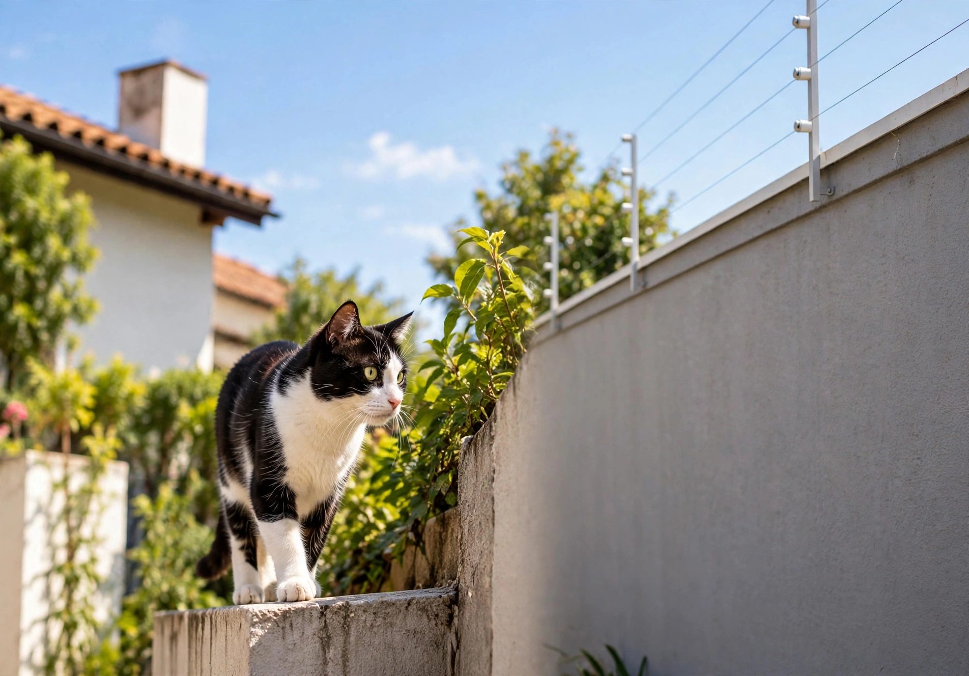 Gato preto e branco caminhando sobre uma mureta baixa ao lado de um muro alto, com a cerca de contenção discreta de fios finos em postes curtos instalada ao longo do topo do muro