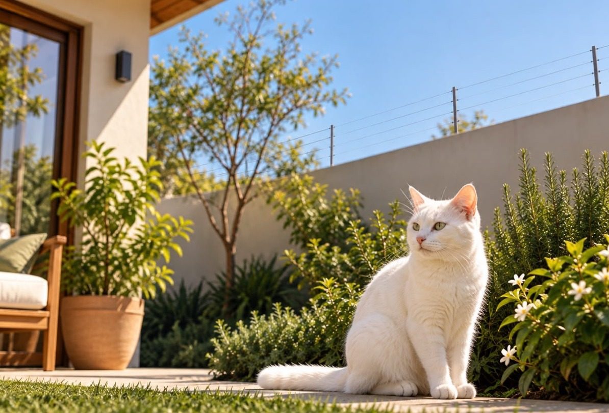 Gato branco no quintal de uma residência, com a cerca de contenção discreta sobre o muro ao fundo